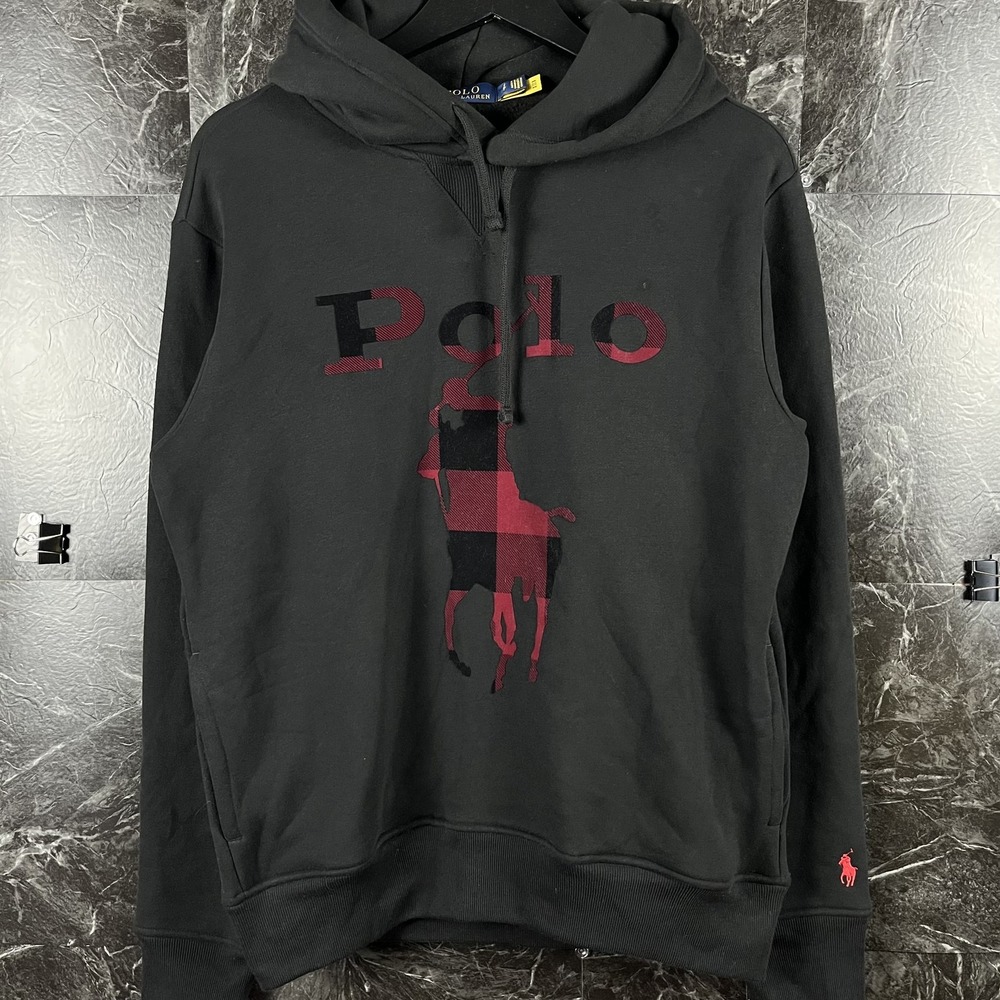 Polo Ralph Lauren Men's Black Plaid Big Pony Fleece Hoodie Small